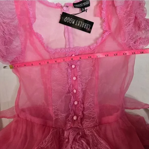 NEW‎ Dolls Kill pink sheer lace kawaii Pretty Imperfect tiered maxi dress gown S - Picture 6 of 10